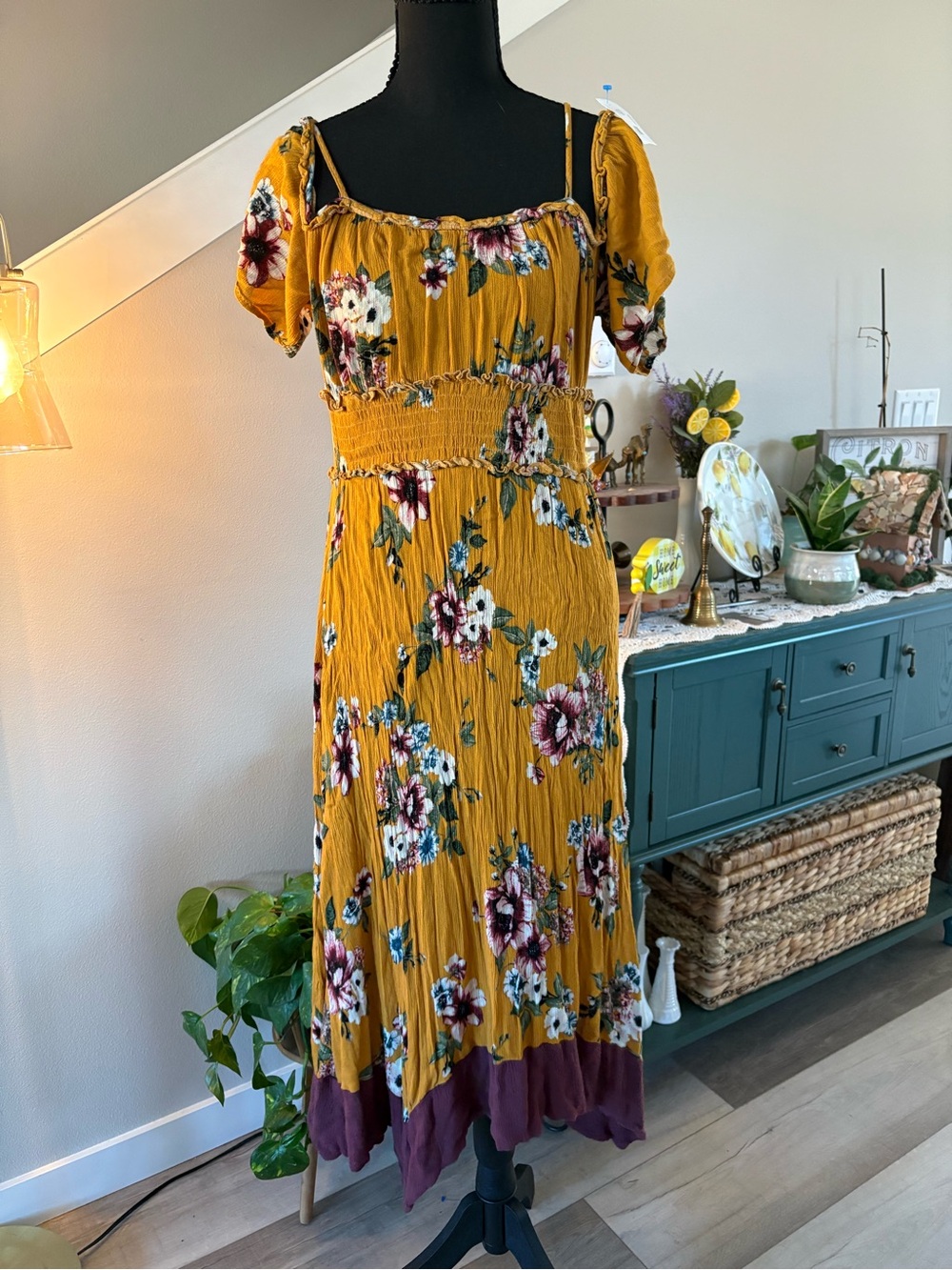 ODDY Mustard Floral Maxi Dress with Burgundy Hem